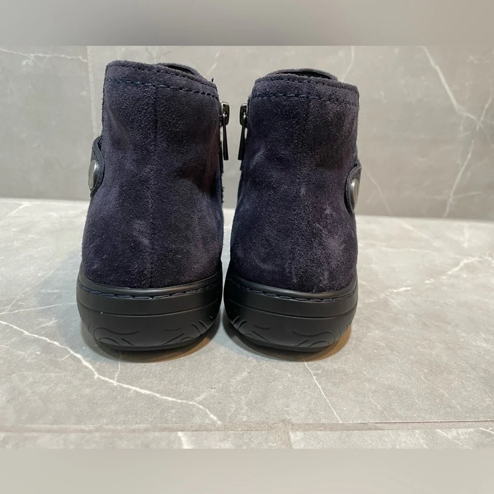 Earth Suede Synal Ankle Bootie in Navy with Fringe Accent